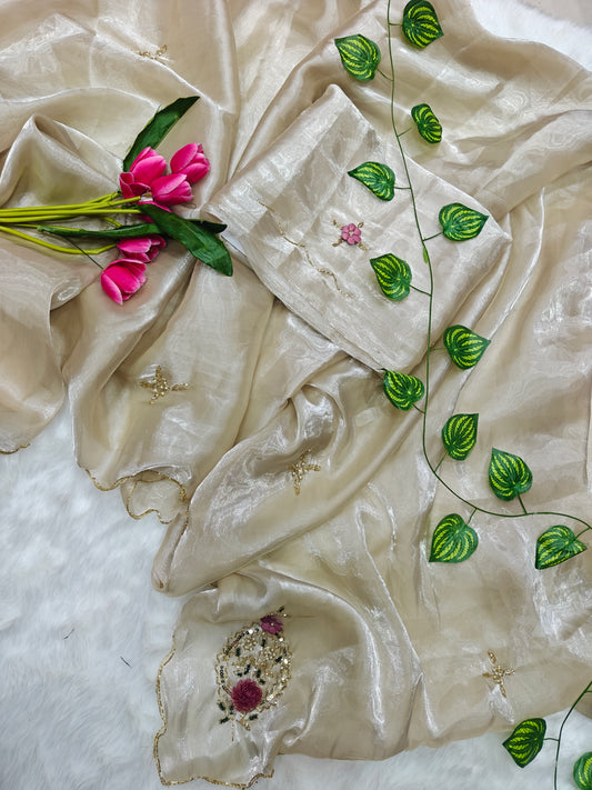 Luxury Ivory Tissue Silk Saree with Handcrafted Floral Pearl Embellishment