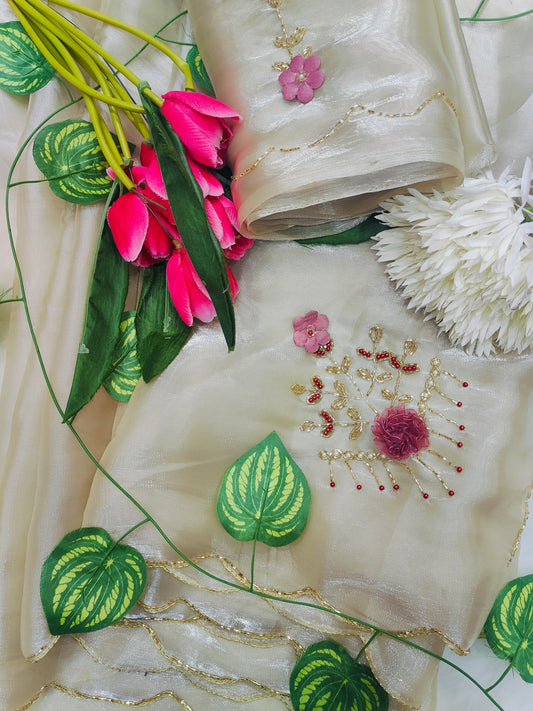 Luxury Champagne Gold Tissue Silk Saree with Handcrafted Floral Embellishment