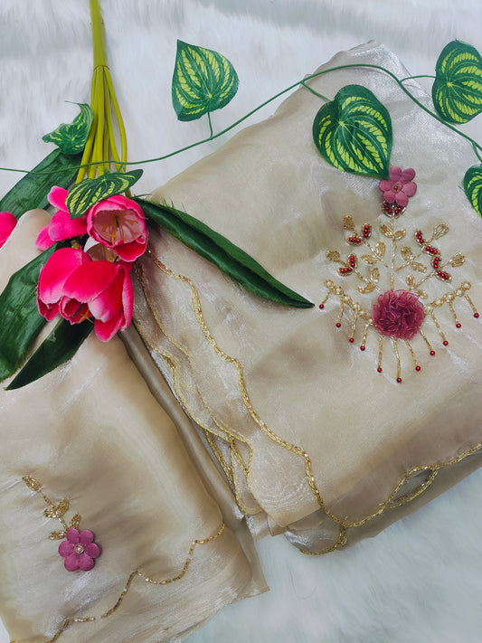 Luxury Champagne Gold Tissue Silk Saree with Handcrafted Floral Embellishment