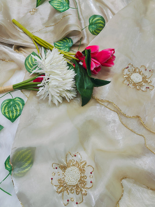 Luxury Pearl Ivory Tissue Silk Saree with Handcrafted Floral Pearl Embellishment