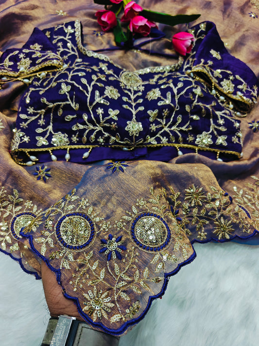Luxury Lavender Tissue Silk Saree with Royal Violet Heavy Embroidered Designer Blouse