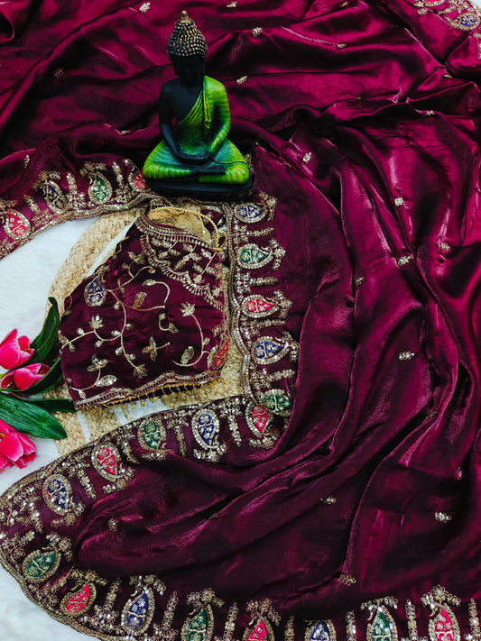 Royal Wine Heavy Embroidered Organza Saree with Designer Blouse