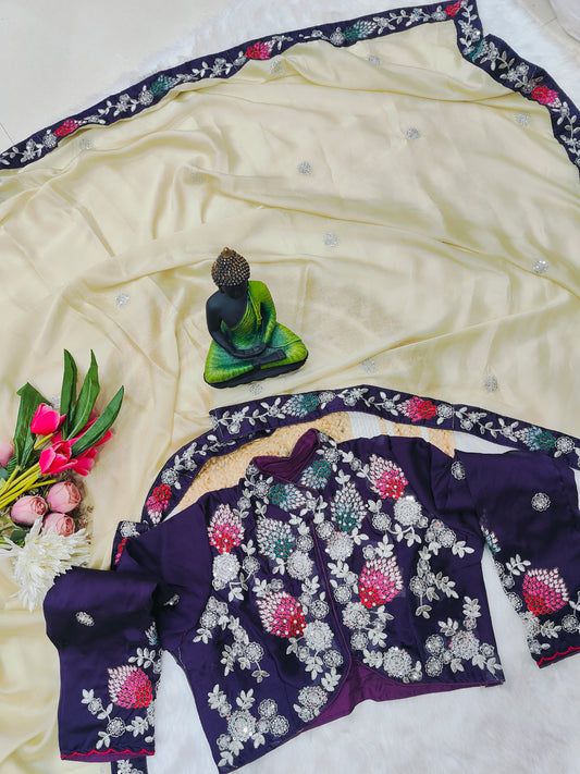 Ivory Cream Saree with Royal Purple Floral Embroidered Blouse