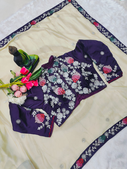 Ivory Cream Saree with Royal Purple Floral Embroidered Blouse