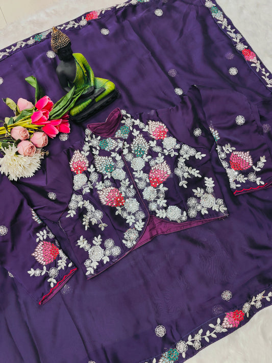 Royal Plum Organza Saree with Multicolor Floral Embroidered Blouse