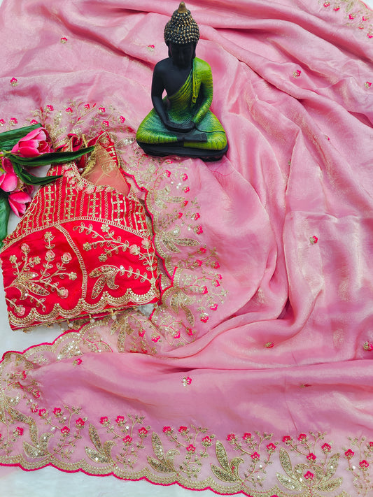 Rani Pink Embroidered Designer Blouse with Baby Pink Organza Saree