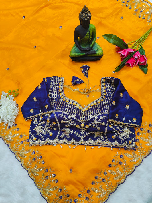 Royal Sapphire Blue Embroidered Blouse with Mustard Yellow Designer Saree