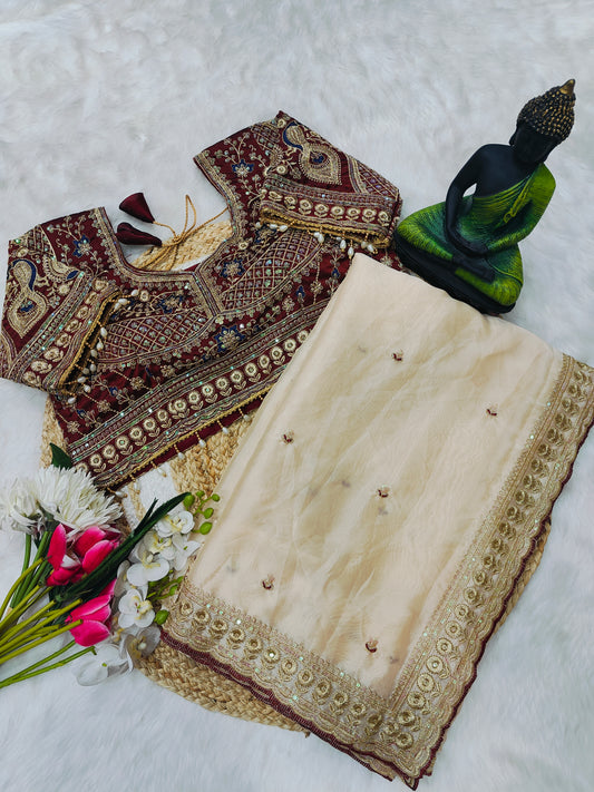 Royal Maroon Embroidered Designer Blouse with Ivory Organza Saree