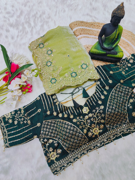 Emerald Green Embroidered Designer Blouse with Lime Green Organza Saree