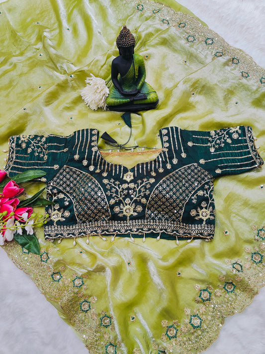 Emerald Green Embroidered Designer Blouse with Lime Green Organza Saree