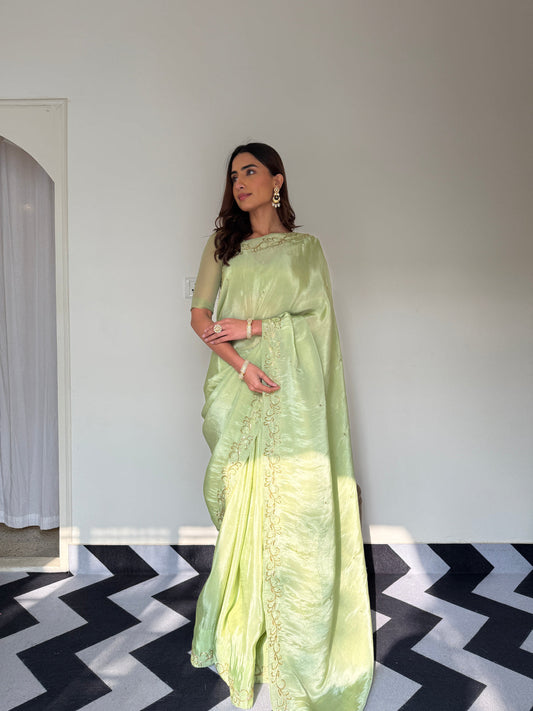 Luxury Sage Green Embroidered Tissue Silk Saree with Stitched Designer Blouse