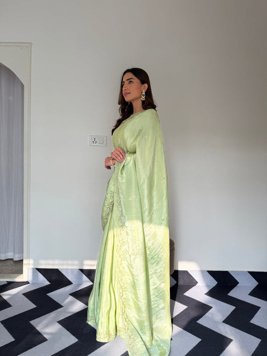 Luxury Sage Green Embroidered Tissue Silk Saree with Stitched Designer Blouse