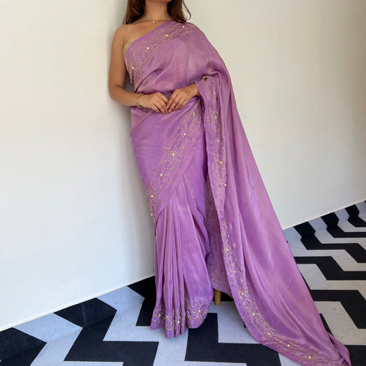 Luxury Lavender Tissue Silk Saree with Hand Embroidered Floral Border & Stitched Blouse