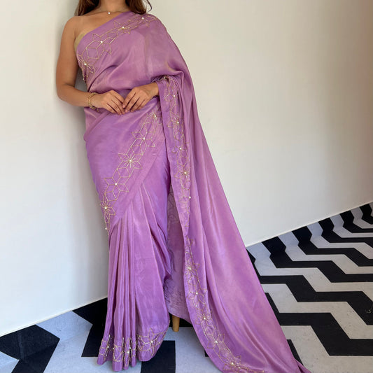 Luxury Lavender Tissue Silk Saree with Hand Embroidered Floral Border & Stitched Blouse