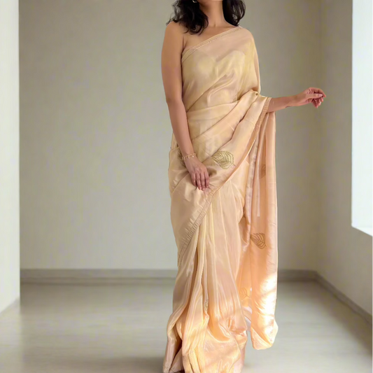 Champagne Gold Leaf Embroidered Saree with Stitched Designer Blouse