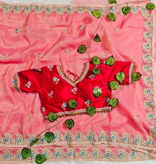 Luxury Blush Pink Organza Saree with Multicolor Floral Embroidered Designer Blouse
