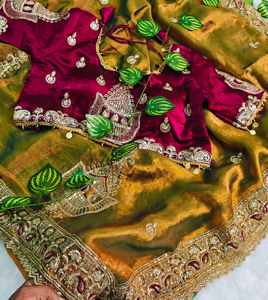 Luxury Antique Gold Designer Silk Saree with Magenta Royal Embroidered Blouse