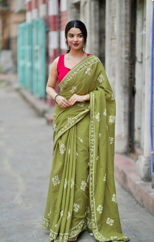 Olive Heritage Ready-to-Wear Saree With Pocket