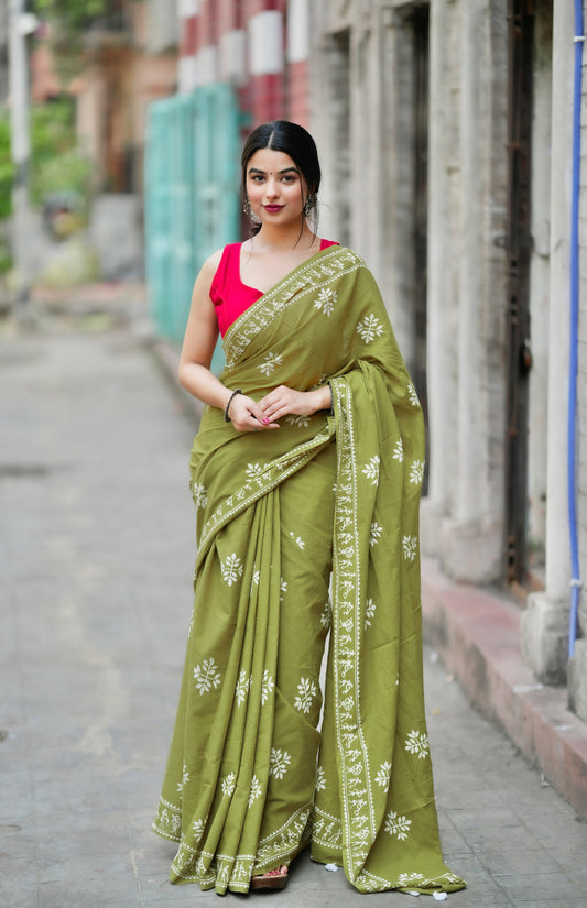 Olive Heritage Ready-to-Wear Saree With Pocket
