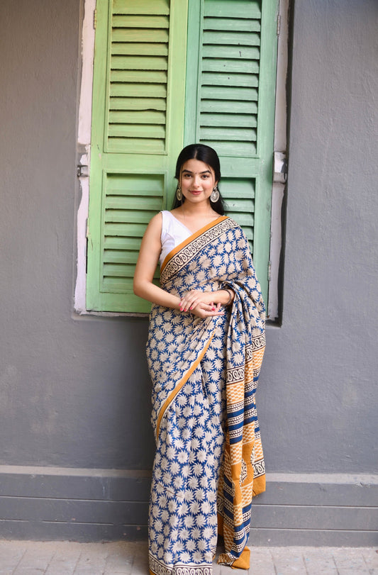 Indigo Blossom Ready-to-Wear Saree With Pocket