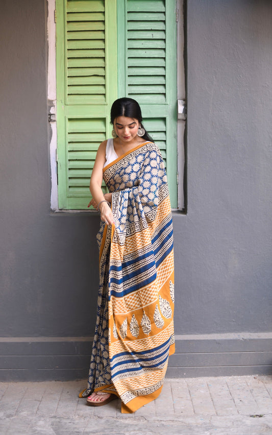 Indigo Blossom Ready-to-Wear Saree With Pocket