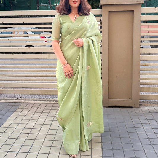 Mint Blossom Luxe Silk Saree with Stitched Designer Blouse