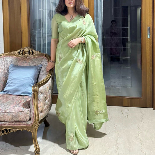 Mint Blossom Luxe Silk Saree with Stitched Designer Blouse