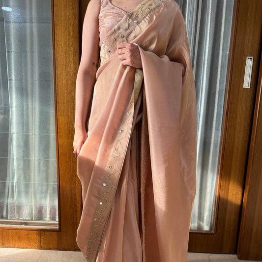 Luxury Blush Peach Tissue Silk Saree with Mirror Embroidered Border & Stitched Blouse