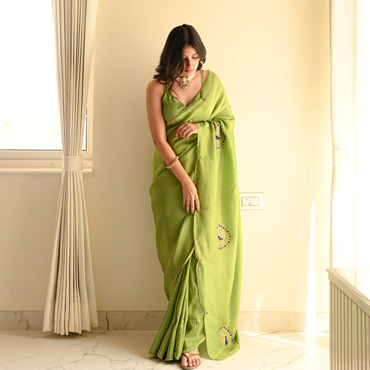 Parrot Green Peacock Elegance Ready-to-Wear Saree with Stitched Designer Blouse