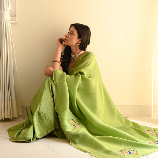 Parrot Green Peacock Elegance Ready-to-Wear Saree with Stitched Designer Blouse