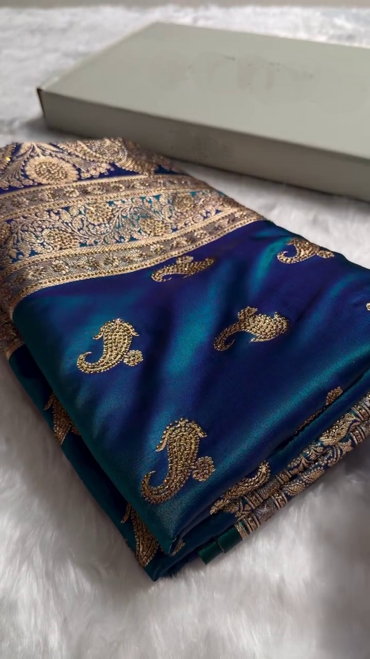 Royal Peacock Blue Banarasi Silk Saree with Antique Gold Paisley Zari Work
