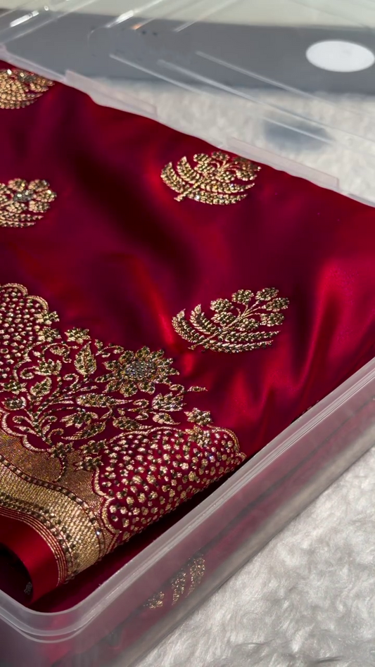 Royal Crimson Red Banarasi Silk Saree with Antique Gold Zari Embroidery
