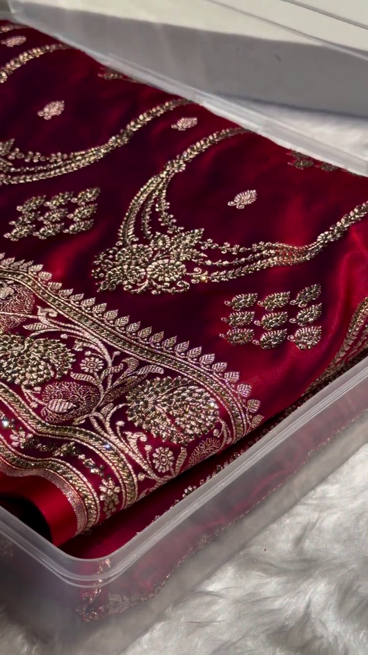 Regal Crimson Red Banarasi Silk Saree with Antique Gold Bridal Zari Work
