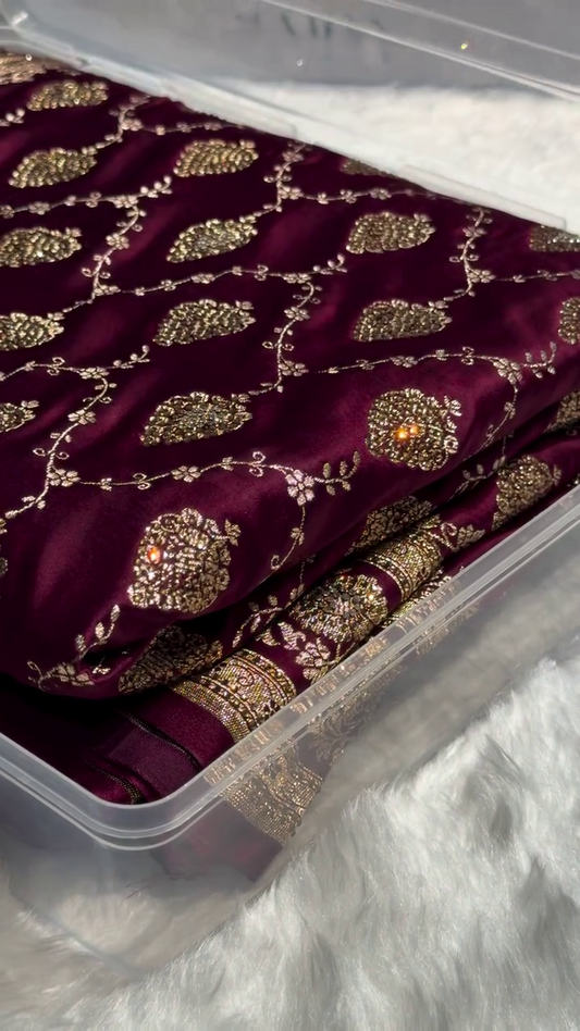 Royal Wine Purple Banarasi Silk Saree with Antique Gold Zari Jaal Work