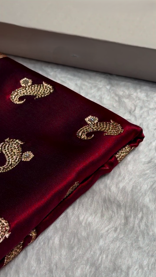 Royal Wine Red Banarasi Silk Saree with Antique Gold Paisley Butti