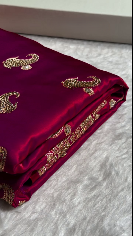 Deep Ruby Red Banarasi Silk Saree with Antique Gold Paisley Zari Work