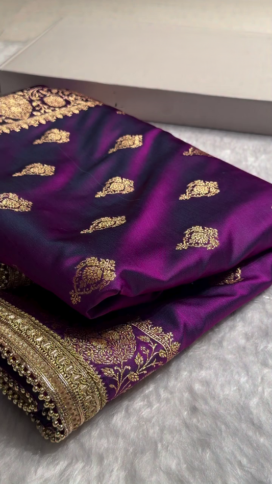 Royal Wine Purple Banarasi Silk Saree with Antique Gold Butti Weaving