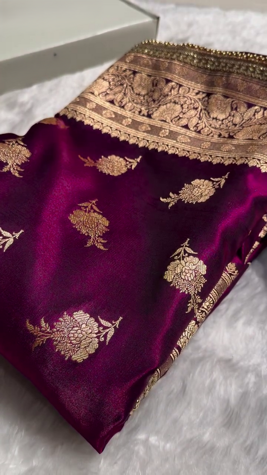 Royal Wine Magenta Banarasi Silk Saree with Antique Gold Floral Butti