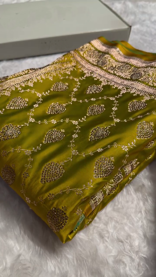 Olive Green Banarasi Silk Saree with Antique Silver Zari Jaal Work