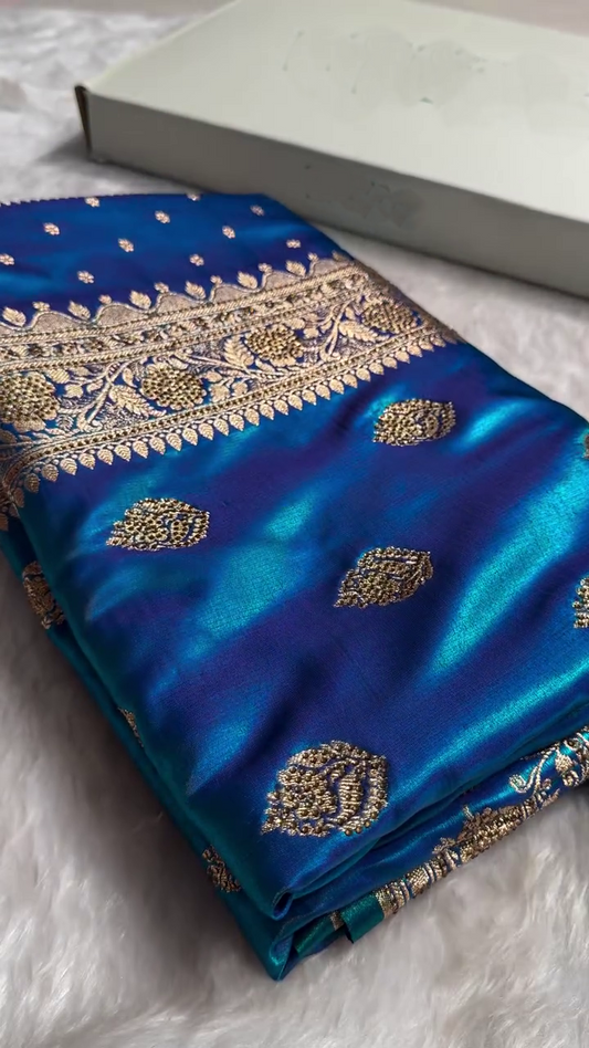 Royal Sapphire Blue Banarasi Silk Saree with Antique Gold Zari Butti Work