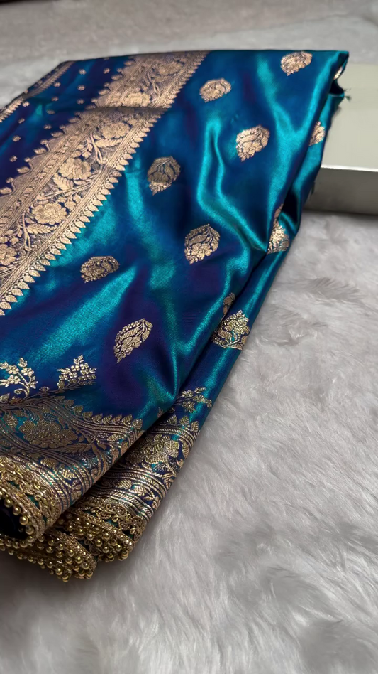 Peacock Blue Banarasi Silk Saree with Antique Gold Zari Butti