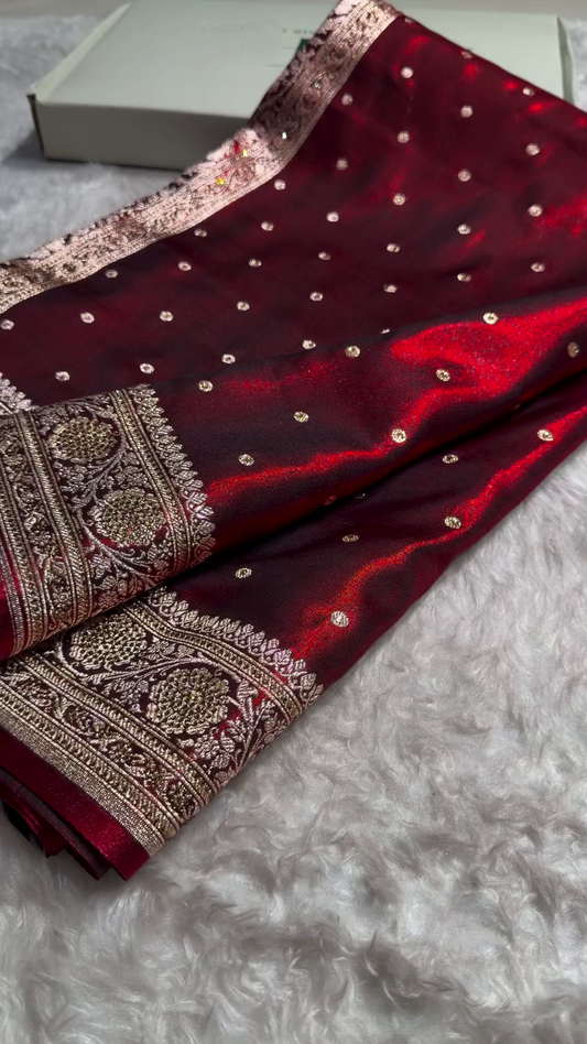 Royal Maroon Banarasi Silk Saree with Antique Gold Dot Butti