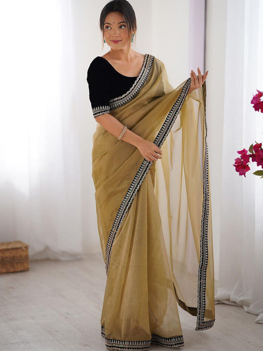 Luxury Champagne Gold Organza Saree with Designer Black Embellished Border