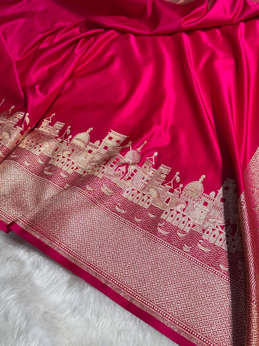 Rani Pink Banarasi Satin Katan Silk Saree with Traditional Ghat Zari Border