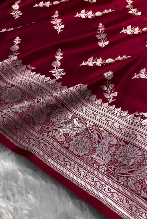Ruby Red Banarasi Silk Saree with Silver Floral Zari Motifs & Elegant Border | Premium Festive Wear