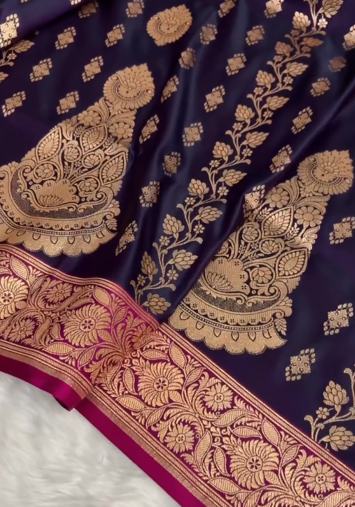 Royal Purple Banarasi Silk Saree with Antique Gold Zari Motifs