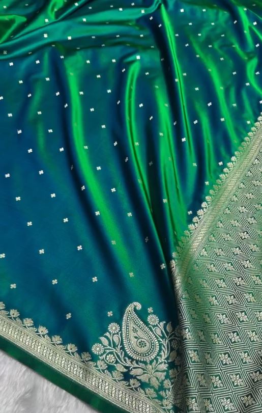 Emerald Green Soft Silk Saree with Silver Zari Butti & Designer Border | Elegant Festive Wear