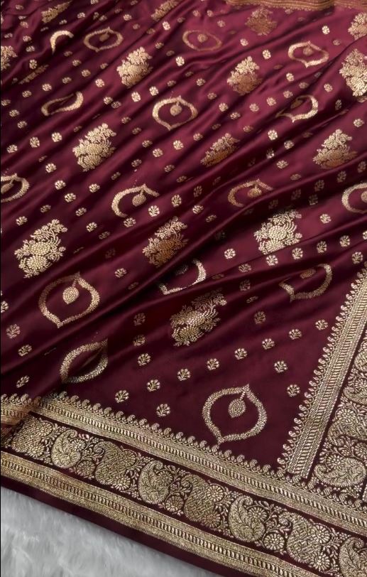 Wine Maroon Banarasi Silk Saree with Gold Zari Butti & Rich Designer Border | Royal Wedding Wear