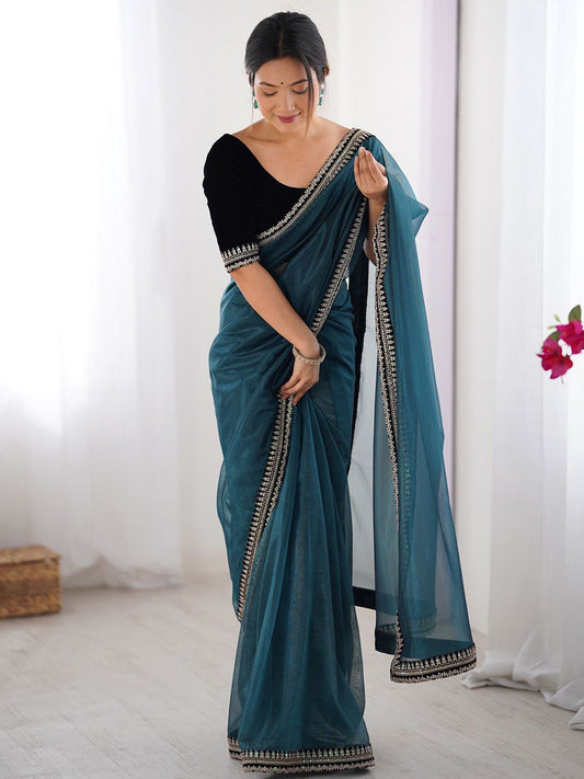 Luxury Midnight Teal Organza Saree with Designer Black Embellished Border