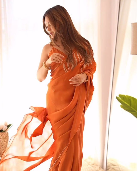 Luxury Burnt Orange Ready-to-Wear Saree with Designer Stitched Blouse